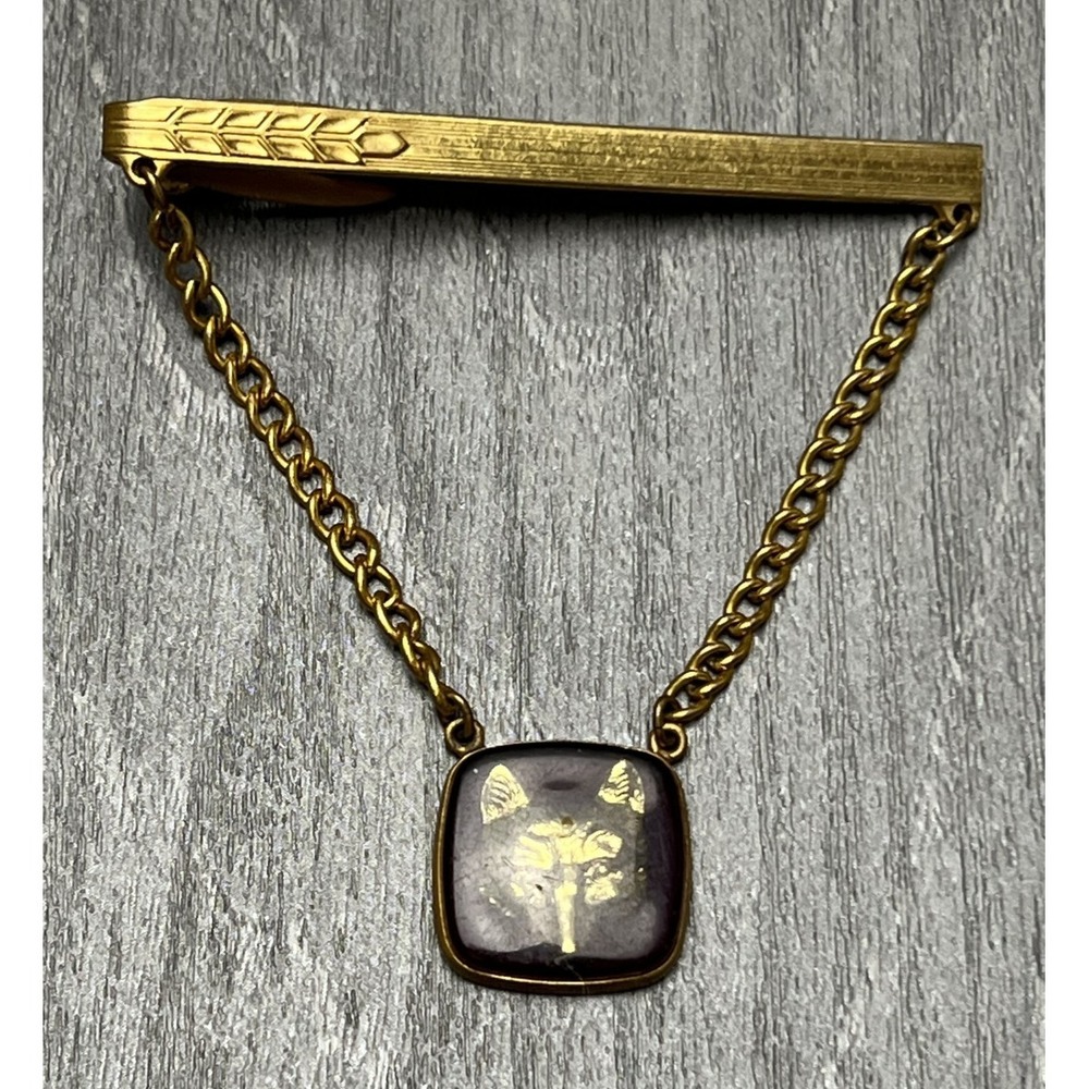 Vintage Hickok Gold Tone Tie Clasp Chain Bar Wolf Head Enamel Men's Jewelry